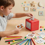 AI Voice Sticker Box beside a child coloring printed stickers with pencils and craft supplies