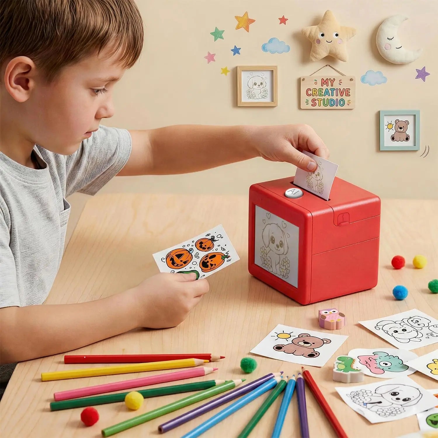 AI Voice Sticker Box beside a child coloring printed stickers with pencils and craft supplies