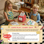 AI Voice Sticker Box family scene with supplier infographic about parent controls and content settings