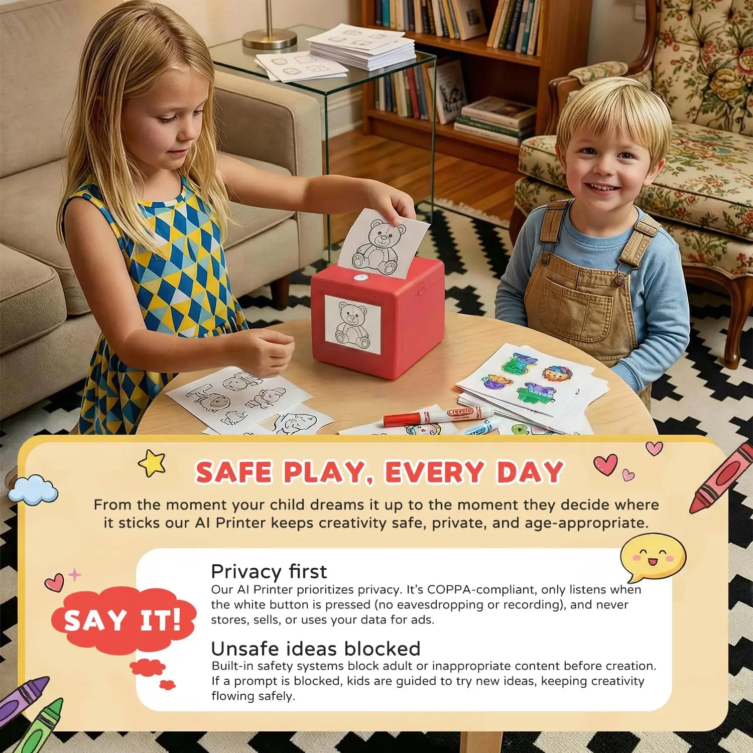 AI Voice Sticker Box family scene with supplier infographic about parent controls and content settings
