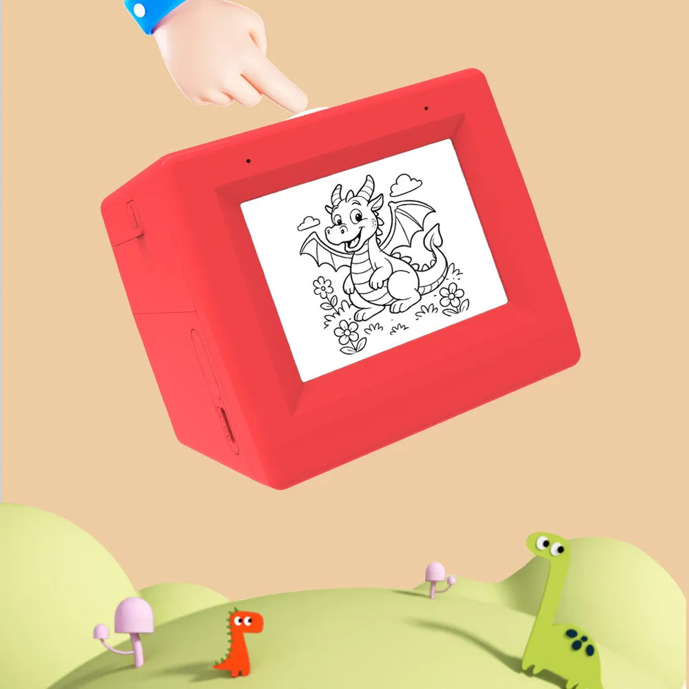AI Voice Sticker Box with a hand pressing the voice button and dragon line art on the screen