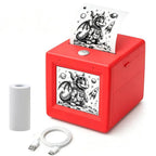 AI Voice Sticker Box in red with dragon line art, USB charging cable, and thermal paper roll
