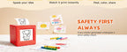AI Voice Sticker Box beside markers and sample prints with the supplier safety notice infographic