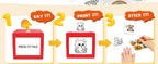 AI Voice Sticker Box visual process showing voice prompt, printed line art, and sticker coloring