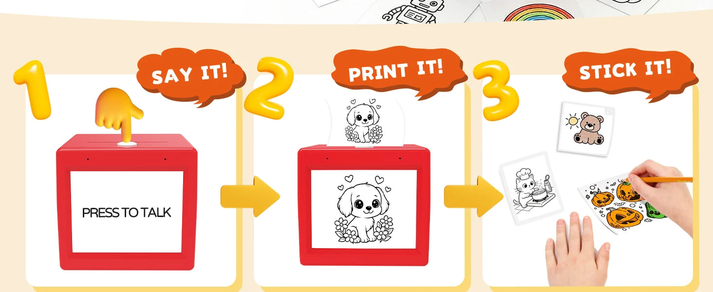 AI Voice Sticker Box visual process showing voice prompt, printed line art, and sticker coloring