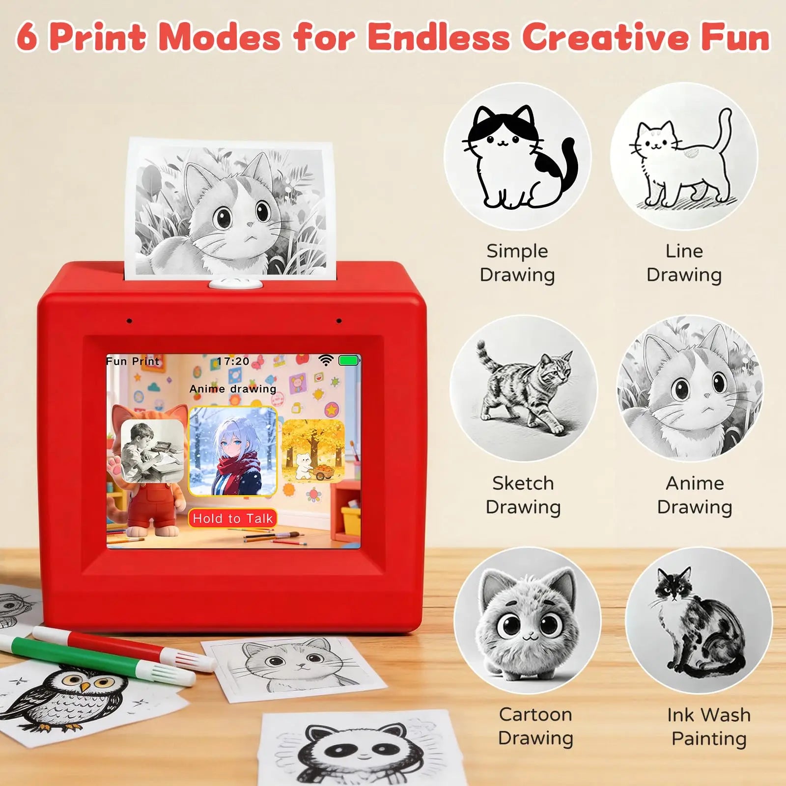 AI Voice Sticker Box screen showing six drawing modes with cat, panda, and sketch examples