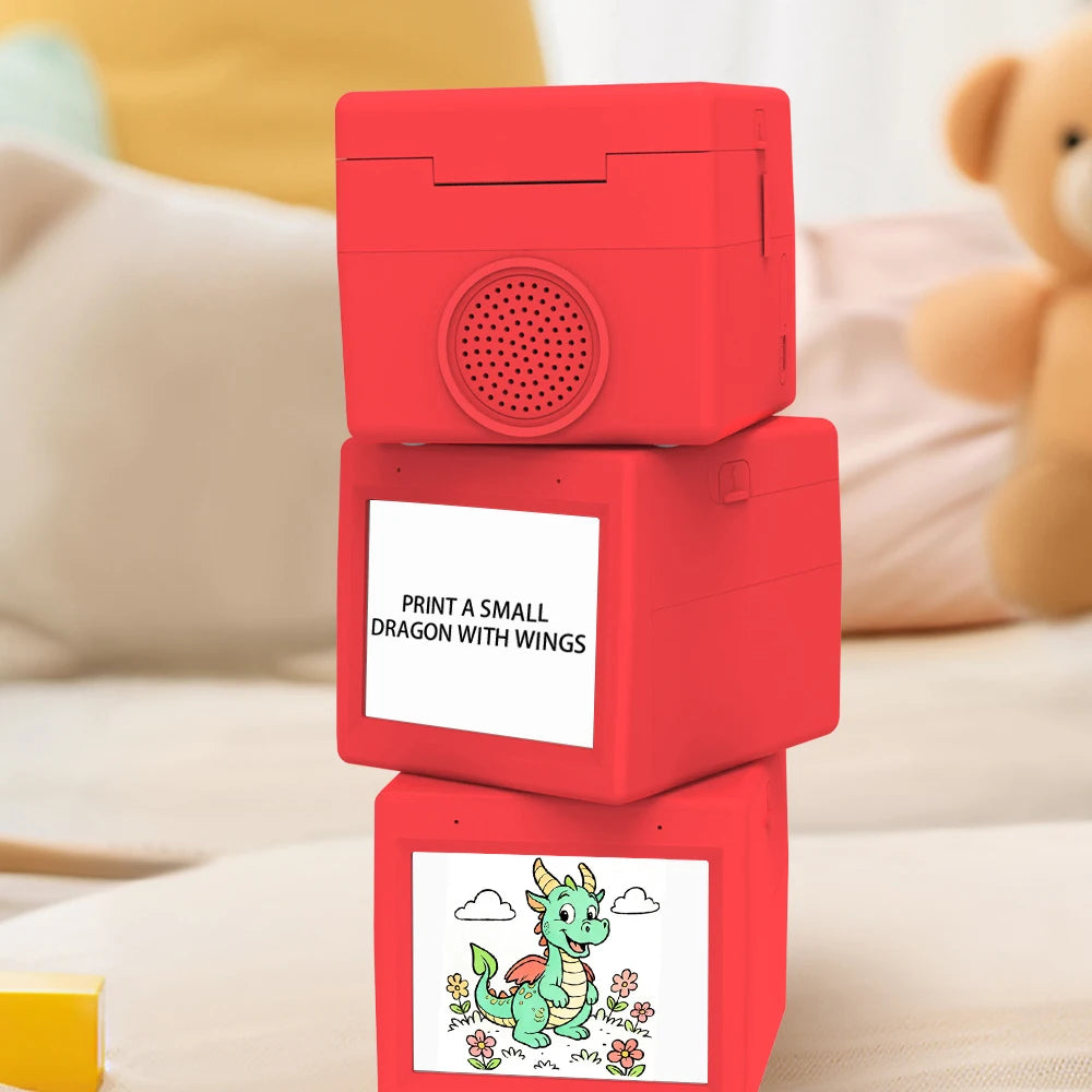 AI Voice Sticker Box rear speaker and front screen views showing a dragon voice prompt and artwork