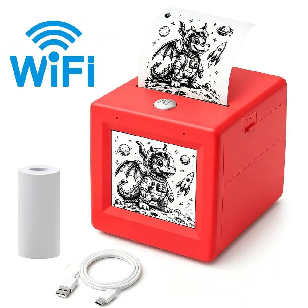 AI Voice Sticker Box with Wi-Fi symbol, dragon line-art print, charging cable, and paper roll