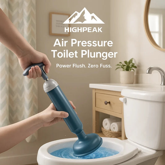 HighPeak Air Pressure Toilet Plunger in blue being used to clear a clogged white toilet in a bright bathroom setting