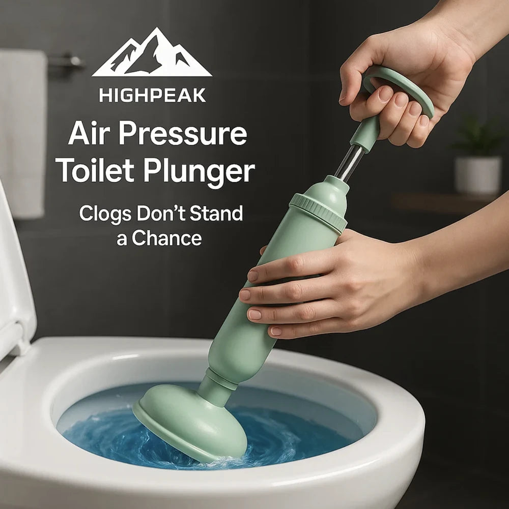 HighPeak Air Pressure Toilet Plunger in green held over toilet bowl, showing manual clog clearing with ergonomic handle.
