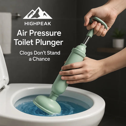 HighPeak Air Pressure Toilet Plunger in green held over toilet bowl, showing manual clog clearing with ergonomic handle.