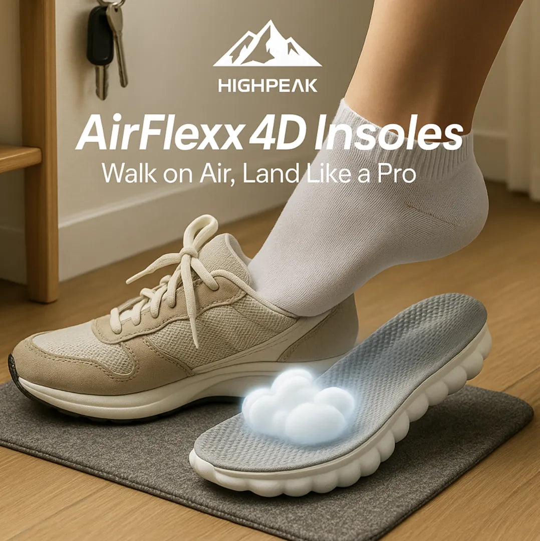 HighPeak AirFlexx 4D Shock-Absorbing Shoe Insoles in gray with air cushion and massage points shown beside a beige sneaker.