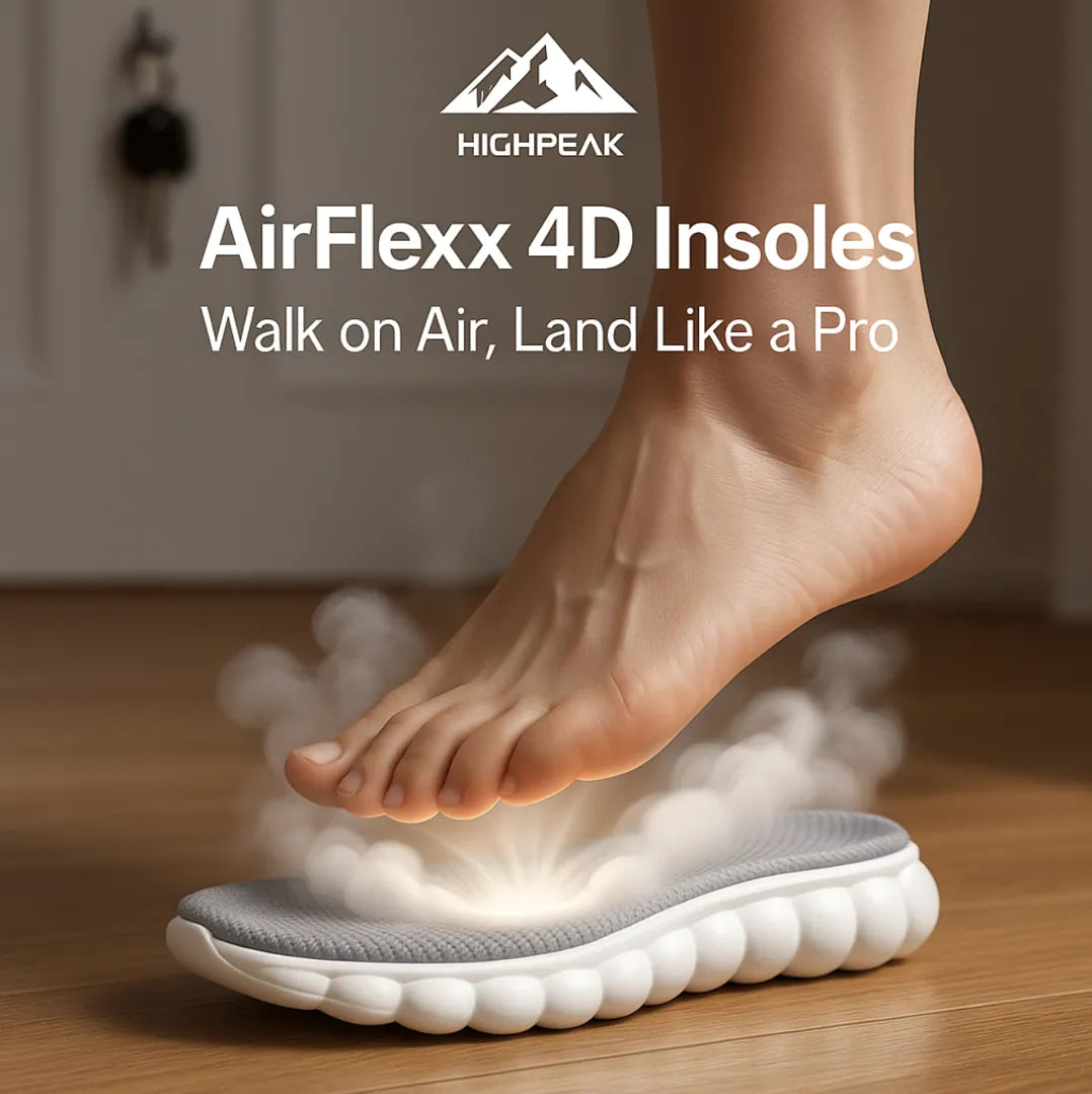 HighPeak AirFlexx 4D Shock-Absorbing Shoe Insoles in gray with cushioning pods, highlighting shock absorption and comfort.