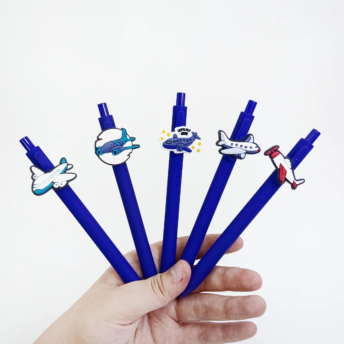 Airplane Ballpoint Pen Set detail showing five pens with jet and aircraft patches