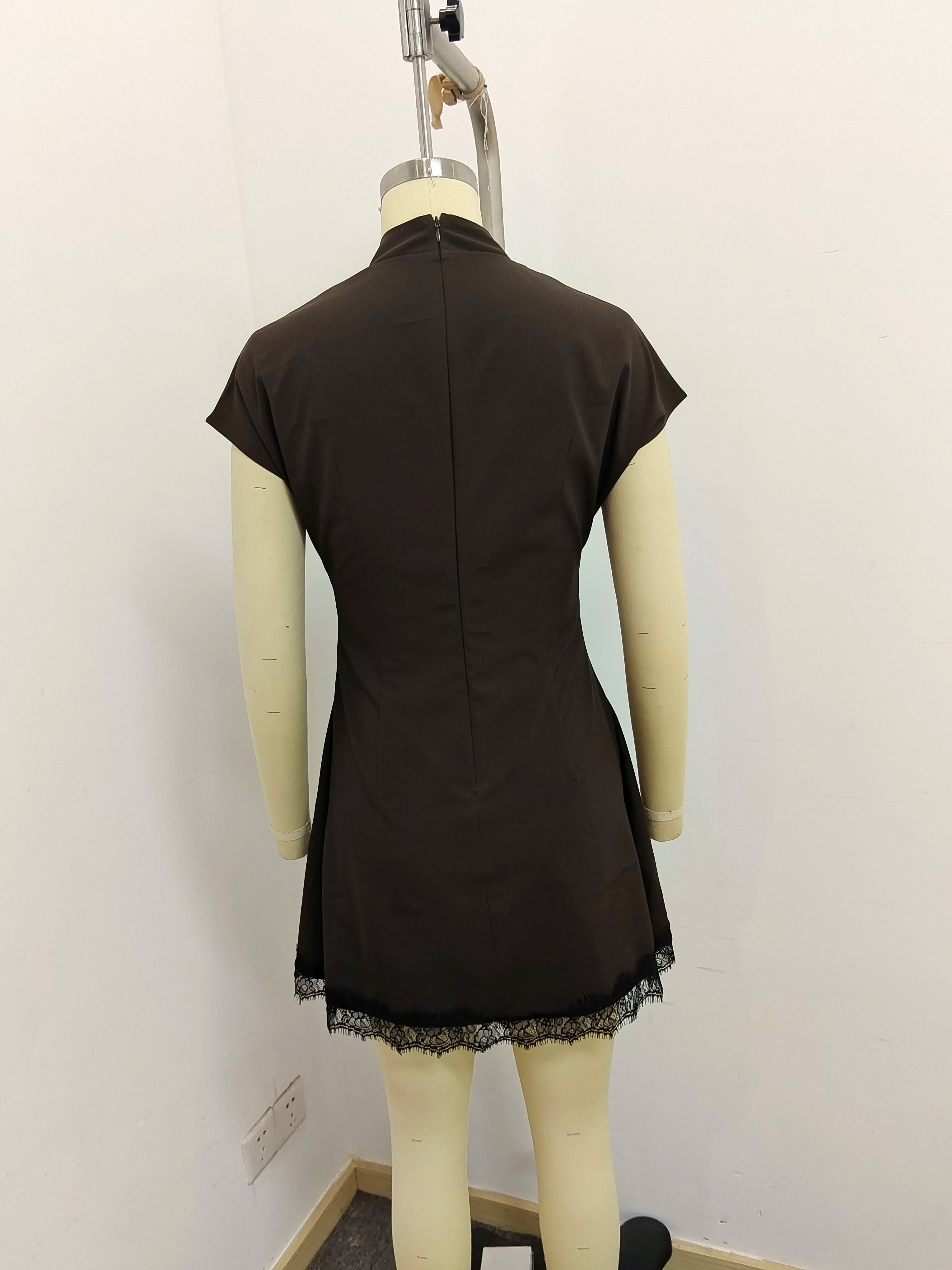 Amorette Lace Mini Dress back mannequin view showing the zipper closure and lace-trimmed hem