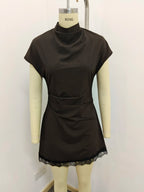Amorette Lace Mini Dress front mannequin detail showing the ruched waist and draped high neckline