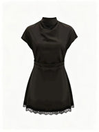 Amorette Lace Mini Dress front product view showing short sleeves, draped neckline, and lace hem