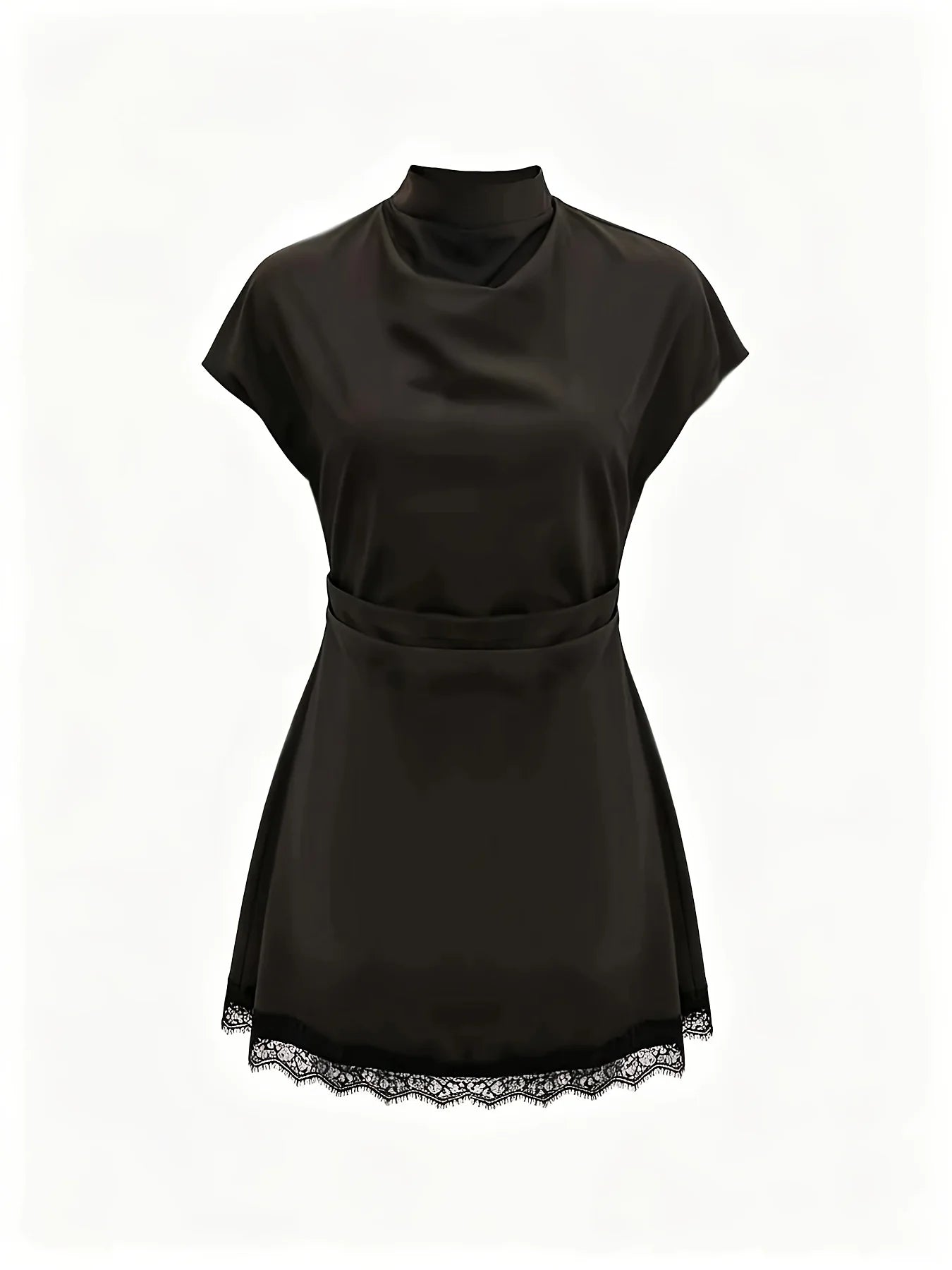 Amorette Lace Mini Dress front product view showing short sleeves, draped neckline, and lace hem