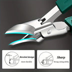Angled Toenail Clippers beveled cutting edges highlighted in turquoise with two explanatory blade diagrams.