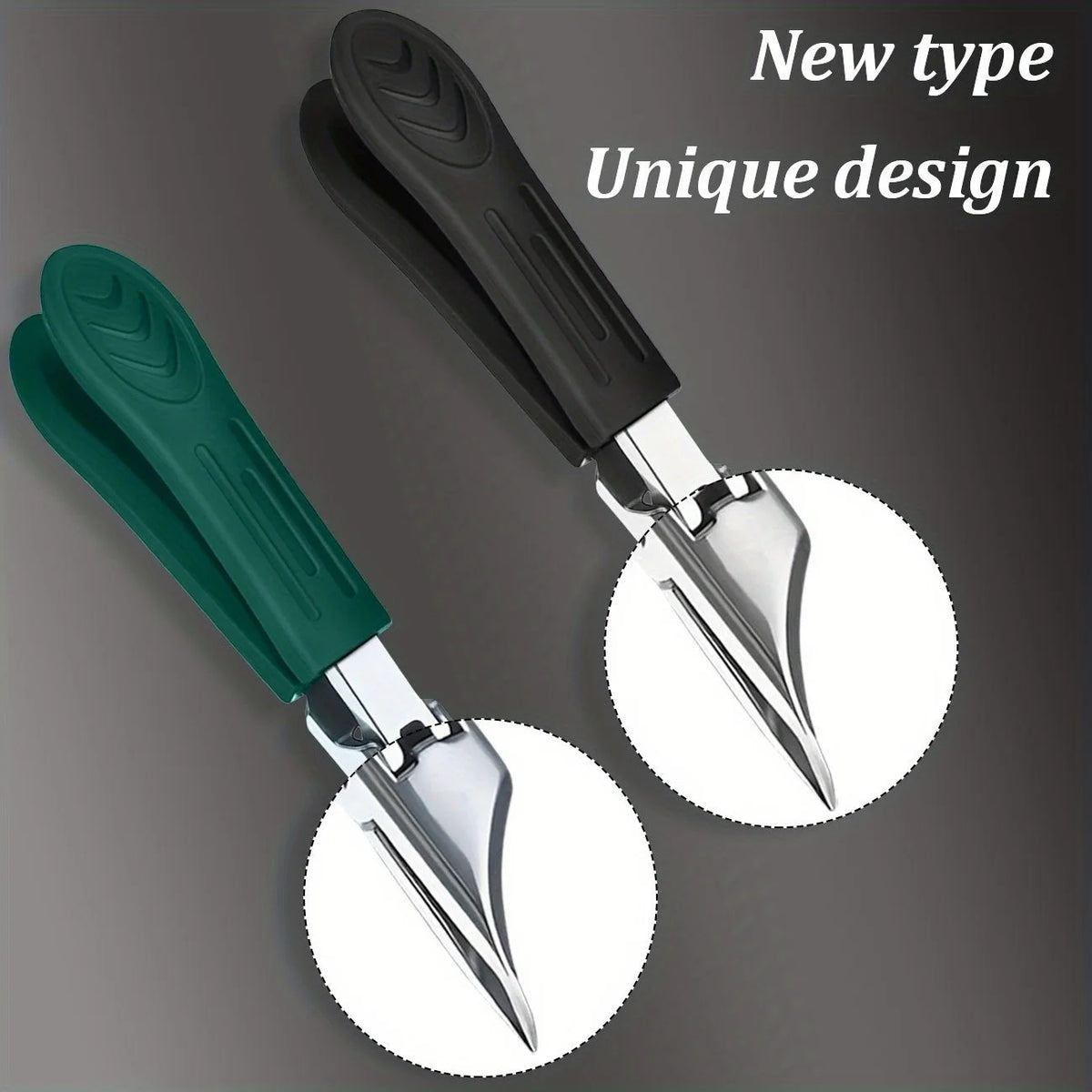 Angled Toenail Clippers in Black and Green with circular magnified views of their curved cutting heads.