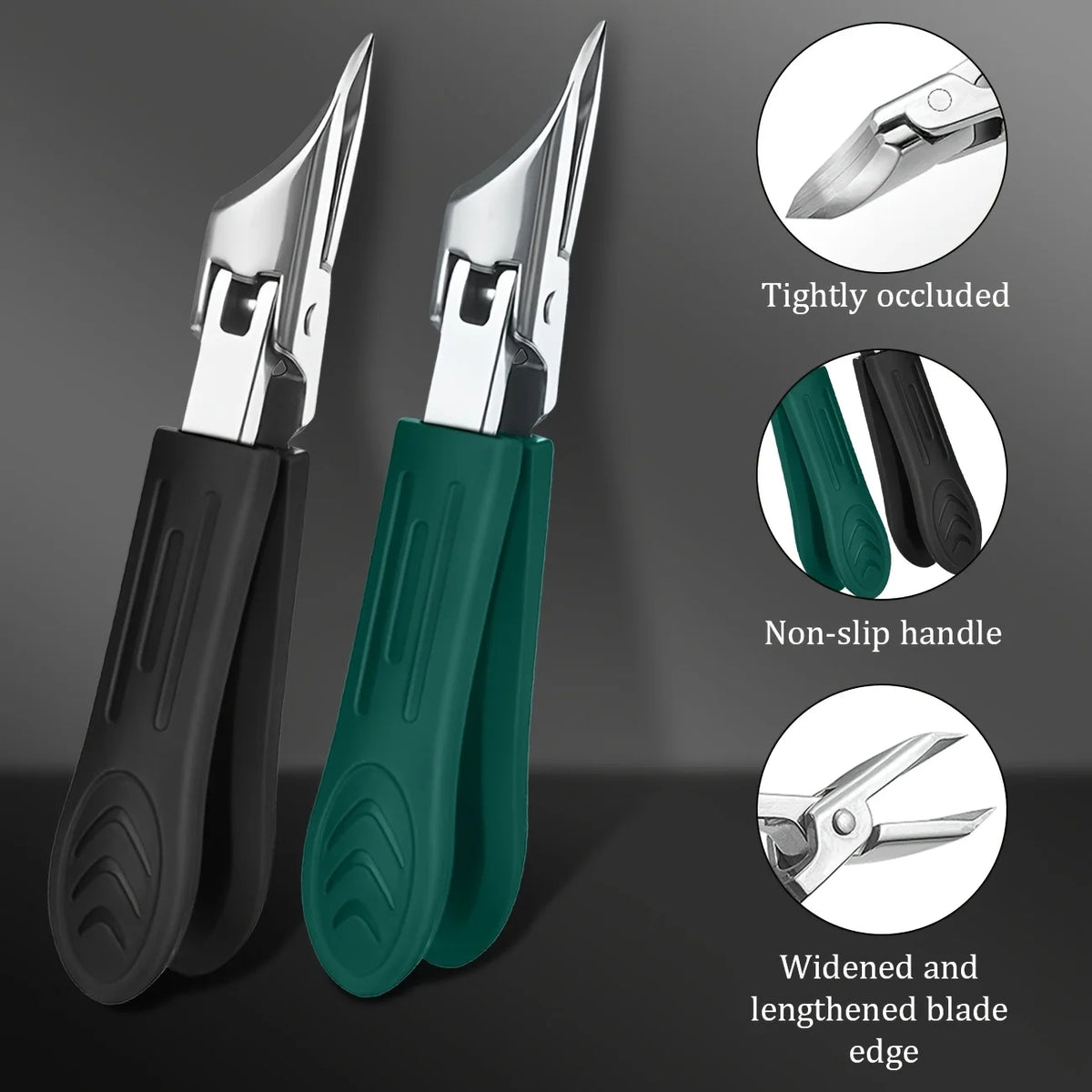 Angled Toenail Clippers Black and Green pair with close-ups of the closed blade, textured grips, and open jaws.