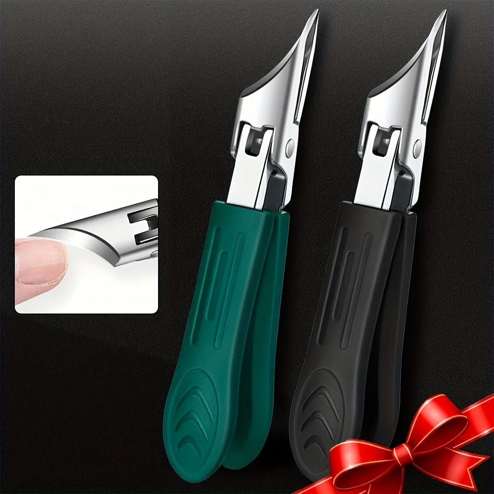 Angled Toenail Clippers in Green and Black on a dark background with a red ribbon and nail-cutting inset.