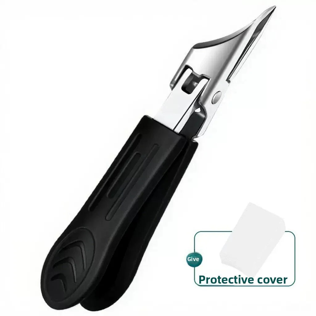 Angled Toenail Clippers in Black with textured handles, curved steel jaws, and a protective cover inset.