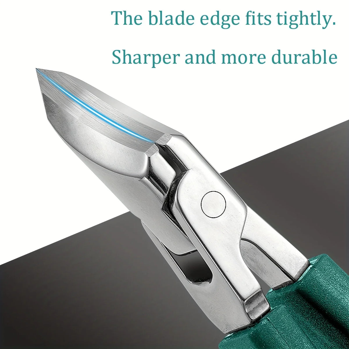 Angled Toenail Clippers closed curved cutting head shown close up with a blue line tracing the blade edge.