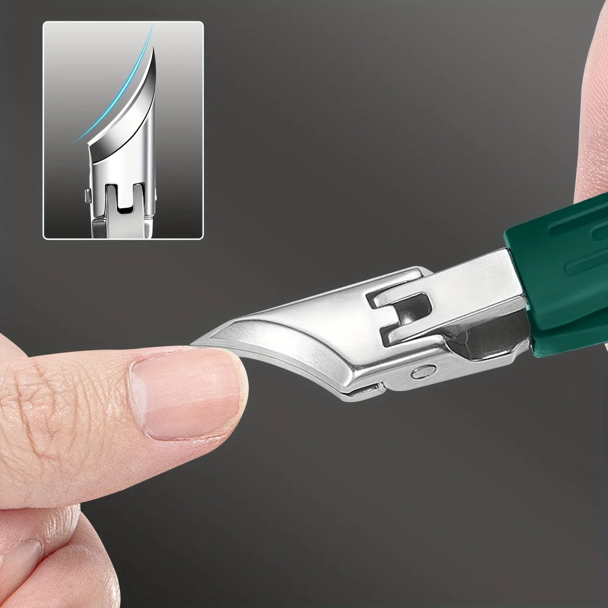 Angled Toenail Clippers in Green positioned at a fingernail edge with an inset showing the blade curve.