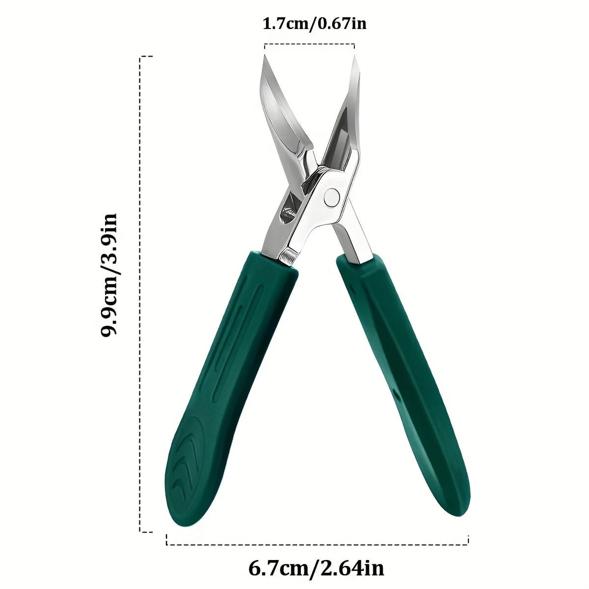 Angled Toenail Clippers size diagram showing 9.9 cm length, 6.7 cm open width, and a 1.7 cm jaw opening.