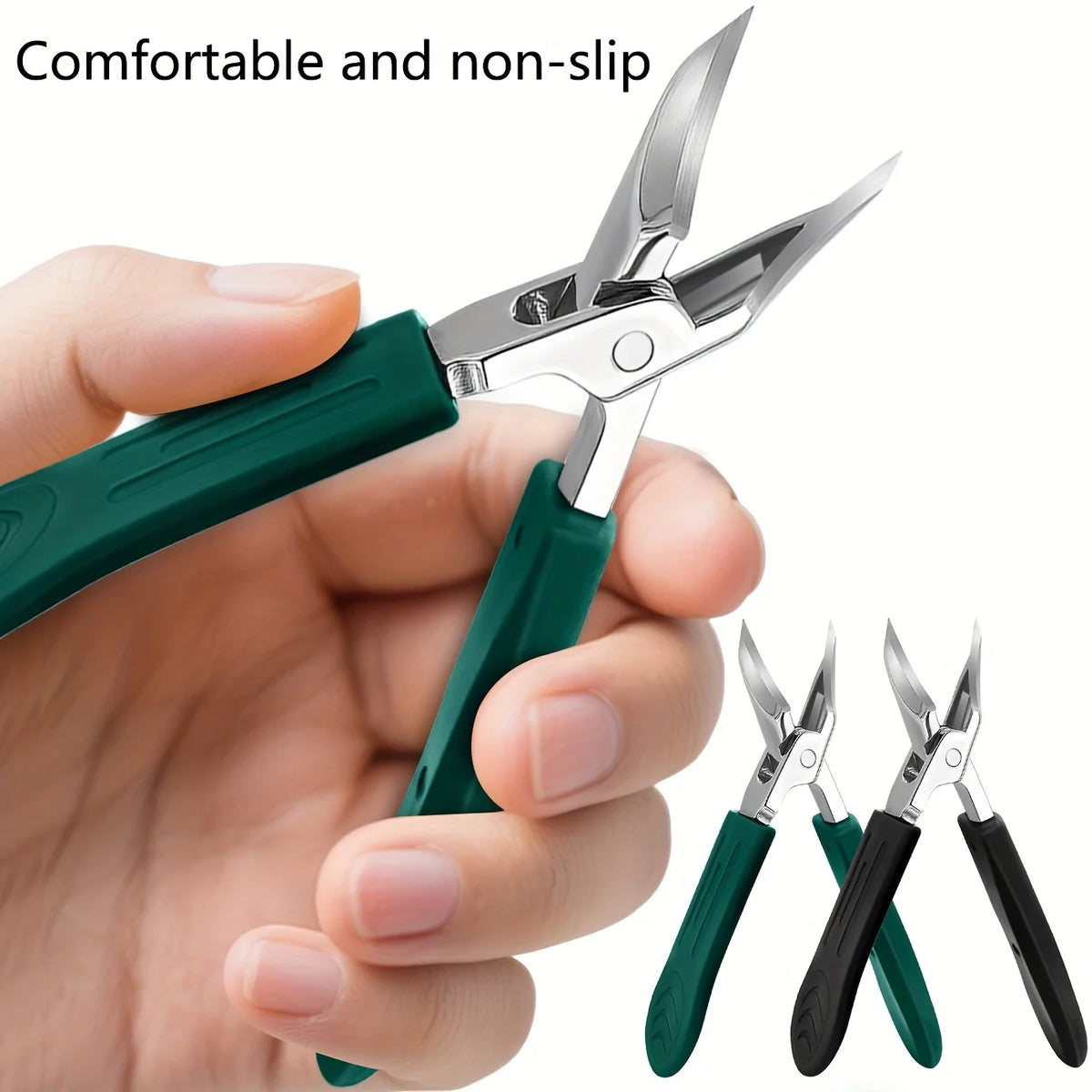 Angled Toenail Clippers green textured handles held in one hand, with Black and Green versions inset.