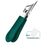 Angled Toenail Clippers in Green with curved steel jaws and a white protective cover shown beside them.