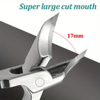 Angled Toenail Clippers open steel jaws shown close up with a 17 mm opening marked in red.