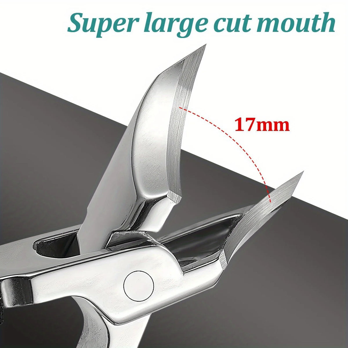 Angled Toenail Clippers open steel jaws shown close up with a 17 mm opening marked in red.