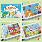 Animal Coloring Book Set cover with crocodile and cat beside colored bear, fox and rabbit pages.