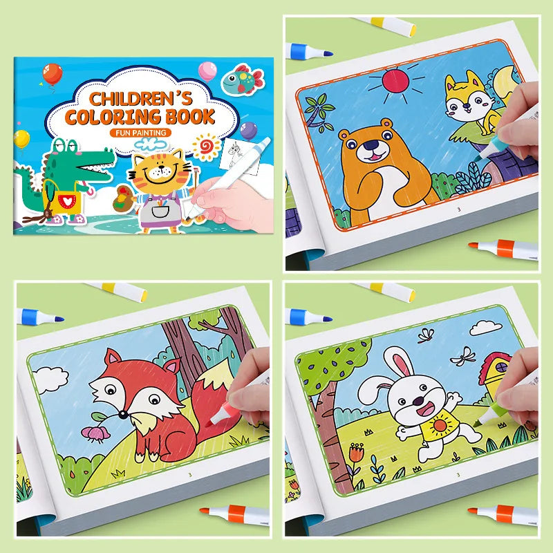 Animal Coloring Book Set cover with crocodile and cat beside colored bear, fox and rabbit pages.
