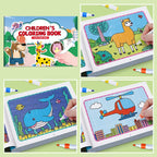 Animal Coloring Book Set second cover beside colored alpaca, whale and helicopter page examples.