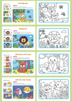 Animal Coloring Book Set colored deer, lion, bear and fish examples alongside blank outlines.