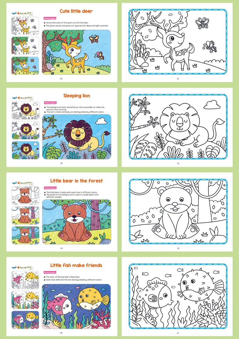 Animal Coloring Book Set colored deer, lion, bear and fish examples alongside blank outlines.