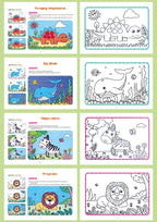 Animal Coloring Book Set dinosaur, whale, zebra and lion scenes with colored examples.