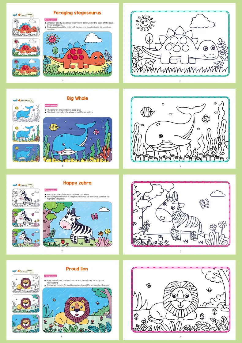 Animal Coloring Book Set dinosaur, whale, zebra and lion scenes with colored examples.