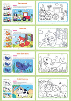 Animal Coloring Book Set farm tractor, fox, shark and cow scenes with coloring examples.