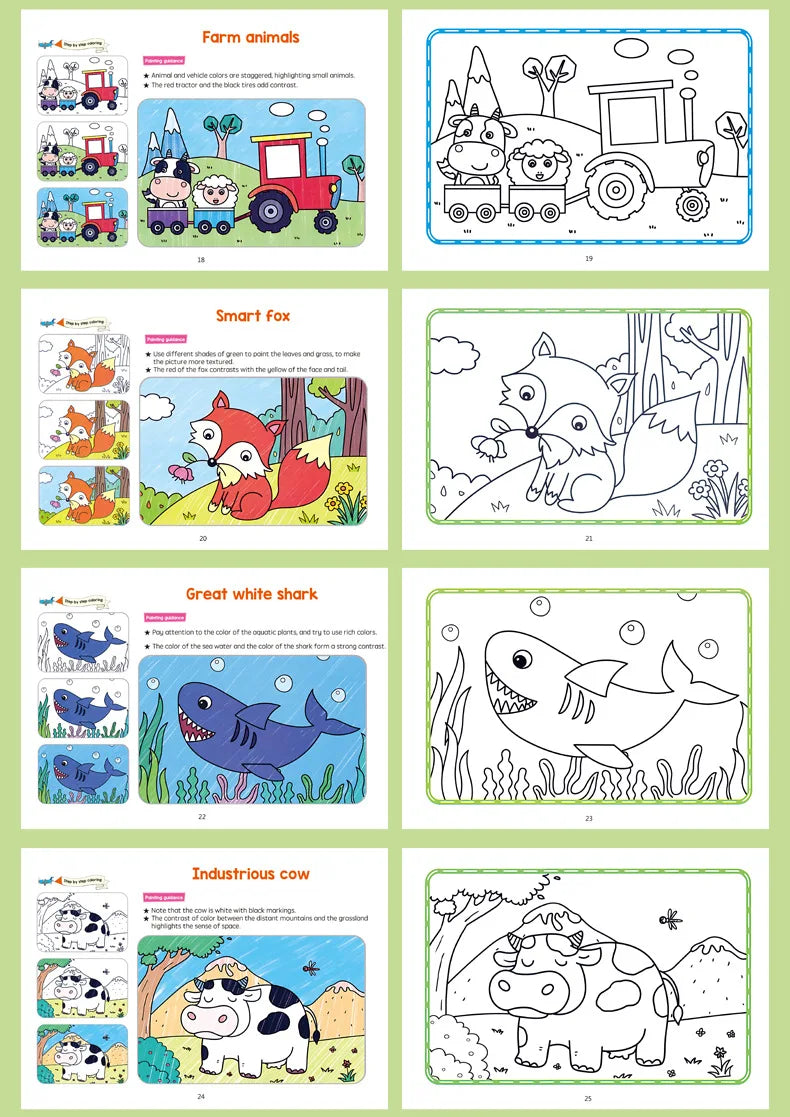 Animal Coloring Book Set farm tractor, fox, shark and cow scenes with coloring examples.