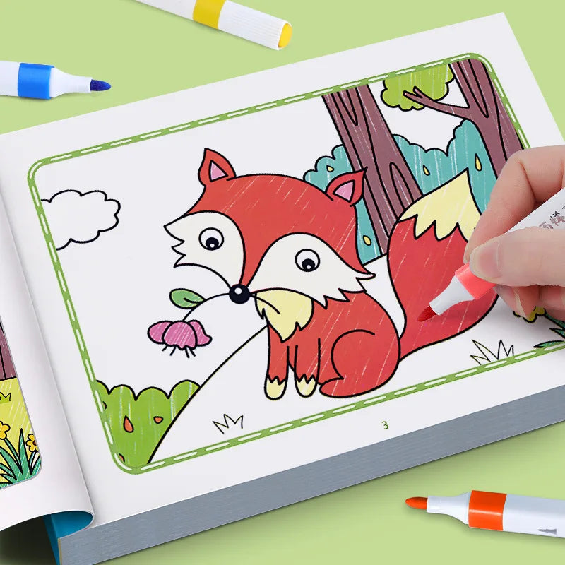 Animal Coloring Book Set red fox holding a flower on a woodland page being colored.