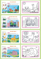 Animal Coloring Book Set fox and ostrich, mixer truck, alpaca and elephant coloring scenes.