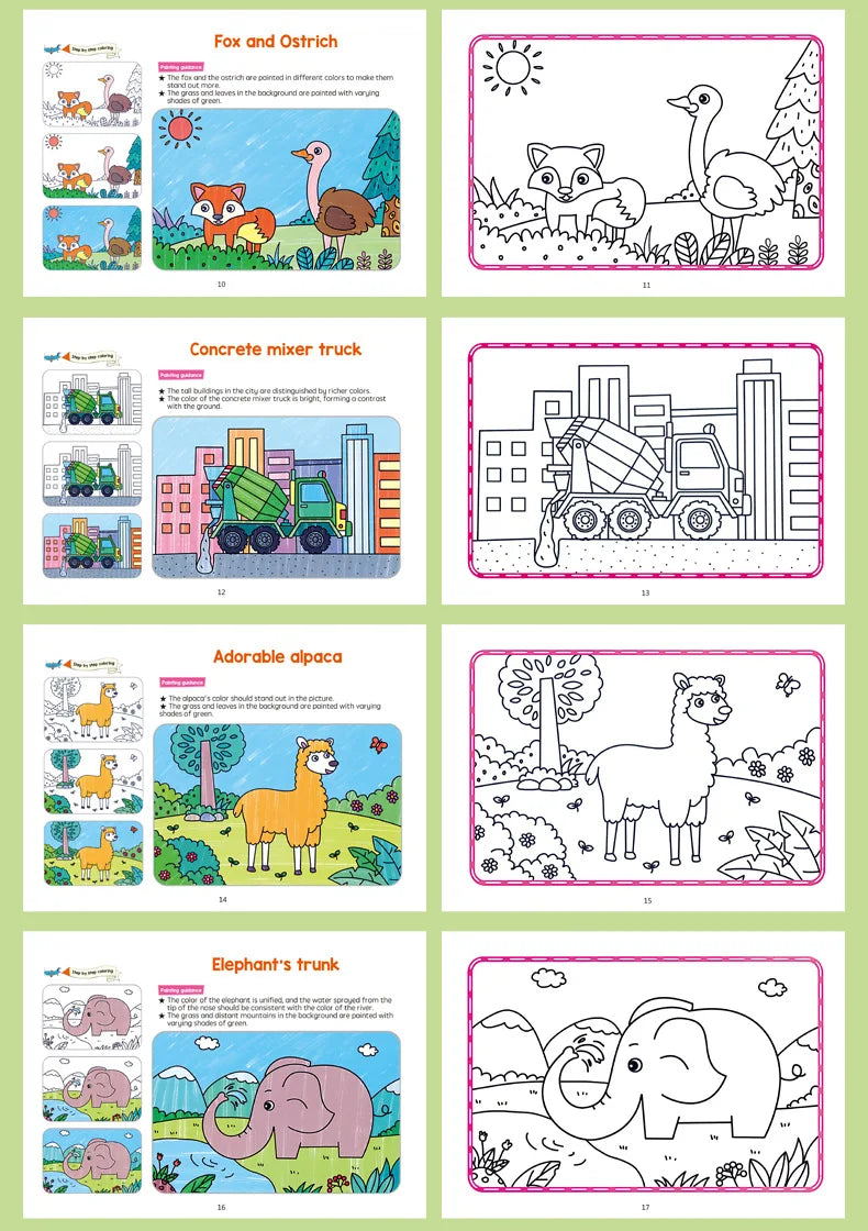 Animal Coloring Book Set fox and ostrich, mixer truck, alpaca and elephant coloring scenes.