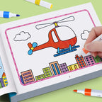 Animal Coloring Book Set close view of a hand coloring buildings beneath an orange helicopter.