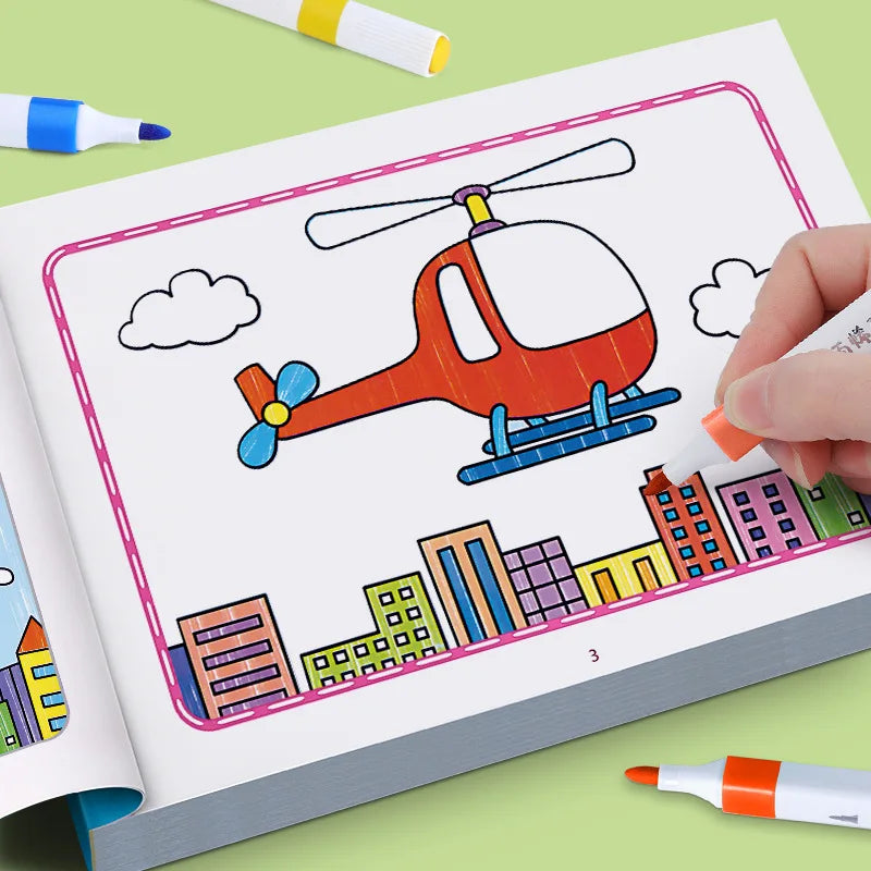 Animal Coloring Book Set close view of a hand coloring buildings beneath an orange helicopter.