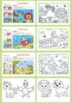 Animal Coloring Book Set animal kingdom, rooster and rabbit scenes plus extra animal outlines.