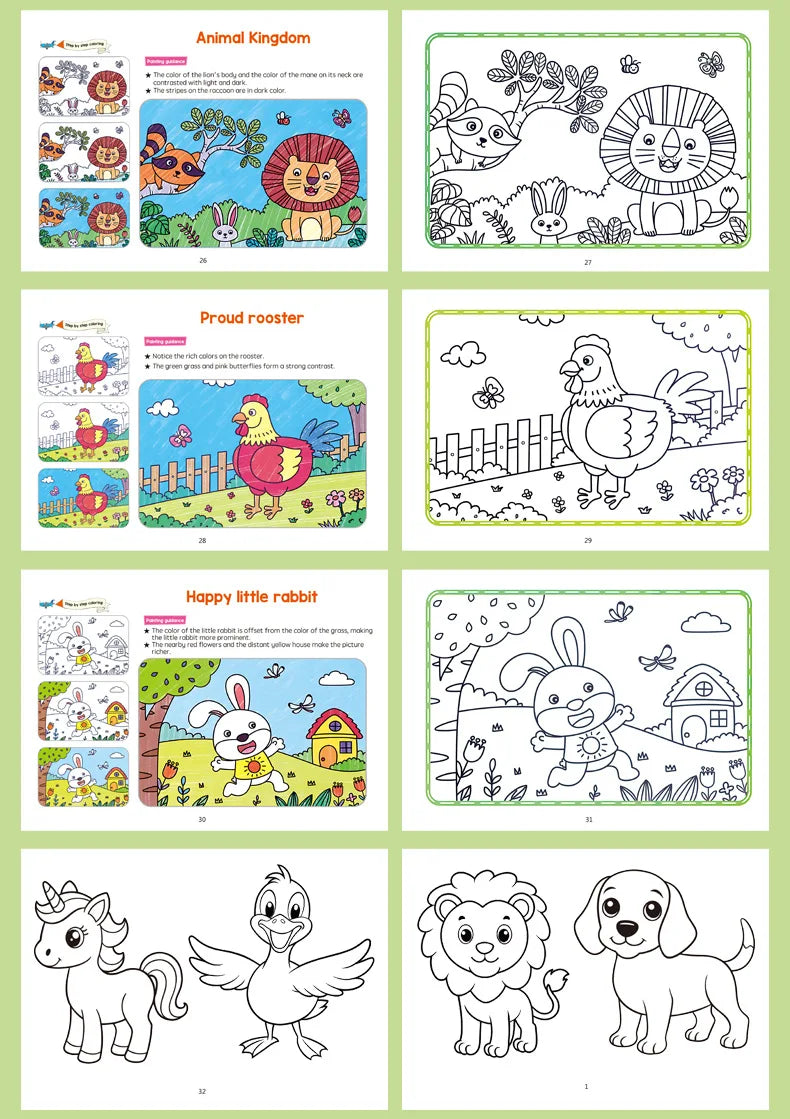 Animal Coloring Book Set animal kingdom, rooster and rabbit scenes plus extra animal outlines.